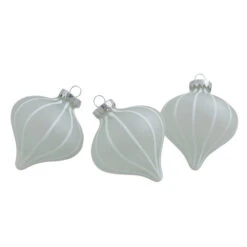 Northlight 3ct Clear And White Matte Frosted Glitter Stripes Glass Christmas Onion Drop Ornaments 3.25" (75mm)