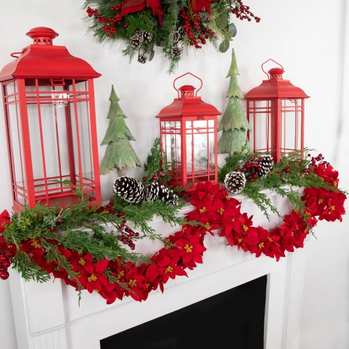 Northlight 6' X 3" Red Artificial Poinsettia Floral Christmas Garland - Unlit 4 Northlight 6' X 3" Red Artificial Poinsettia Floral Christmas Garland - Unlit - Image 2