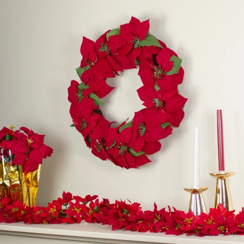 Northlight 24" Red Artificial Poinsettia Flower Christmas Wreath - Unlit 4 Northlight 24" Red Artificial Poinsettia Flower Christmas Wreath - Unlit - Image 2