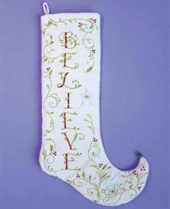 28" White And Green Embroidered Christmas Stocking