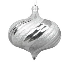 4ct Silver Swirl Shatterproof 2-Finish Onion Drop Christmas Ornaments 5.75" (150mm)