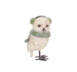 Melrose 6.25" Frosted White Owl With Green Scarf And Ear Muffs Christmas Figurine