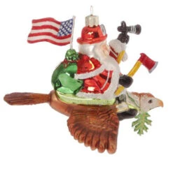 6" Red And White Patriotic American Firefighter Santa Claus Glass Christmas Ornament