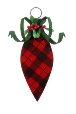 13" Red And Green Glittery Plaid Finial Christmas Ornament