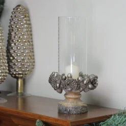 11" Rustic Acorn And Pinecone Tree Pillar Candle Holder With Glass Case -Ornaments Store raz 3801644 3 73006.1665610435