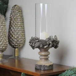 13" Rustic Acorn And Pinecone Tree Pillar Candle Holder With Glass Case -Ornaments Store raz 3801645 3 56263.1665610434