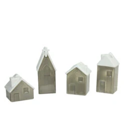 Roman Set Of 4 Brown Church And Houses Advent Christmas Taper Candle Holders 4.75"