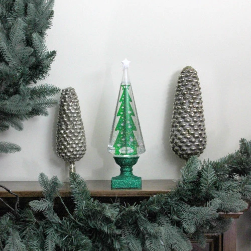 Roman 14" Green Glitter LED Swirl Water Dome With Christmas Tree Table Top Decoration 5 Roman 14" Green Glitter LED Swirl Water Dome With Christmas Tree Table Top Decoration - Image 3