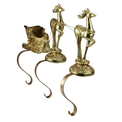 Roman 3-Piece Gold Weathered Reindeer And Sleigh Christmas Stocking Holder 4 Roman 3-Piece Gold Weathered Reindeer And Sleigh Christmas Stocking Holder - Image 2