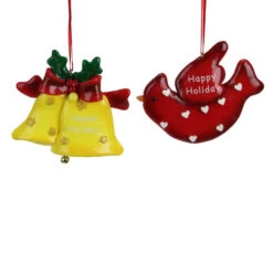 Roman Club Pack Of 24 Yellow And Red Happy Holiday Bell And Cardinal Christmas Ornaments 4.25"