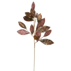 32" Burgundy Red And Gold Glittered Magnolia Leaf Spray With Pinecones