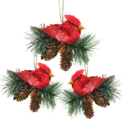Northlight Set Of 3 Red Cardinal Birds On Pine Cone Nest Christmas Ornaments 5"