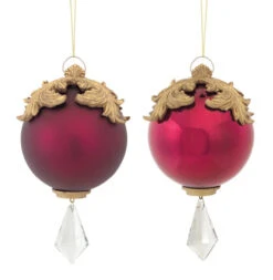 Melrose Set Of 2 Red And Gold Raised Acanthus Leaf With Clear Jewel Dangle Christmas Ornament 6.5"