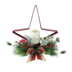 15" Battery Operated Green And Red Christmas Pine Needle Candle Holder