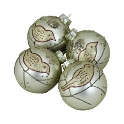 Northlight 4ct Champagne Gold And Brown Bird 2-Finish Glass Christmas Ball Ornaments 4" (100mm)